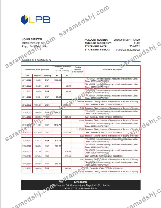 Latvia LPB bank statement Excel and PDF template